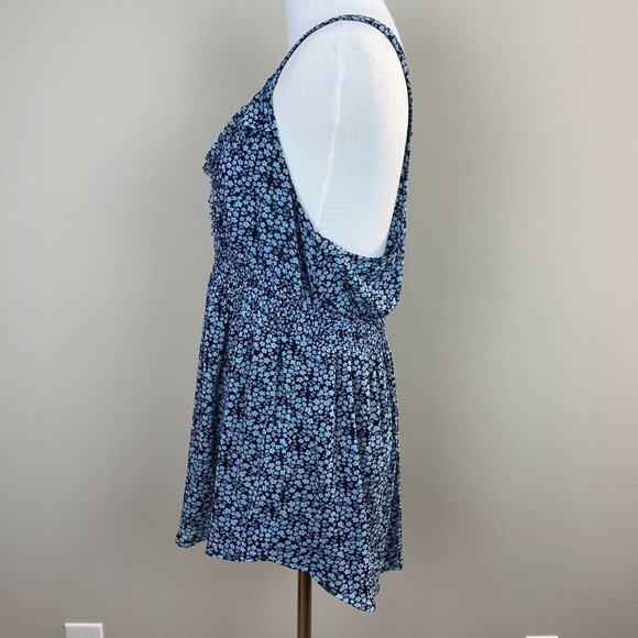 Express Babydoll Tank Top L Blue Navy Mesh Floral Ruffle V-Neck Smocked Waist - Picture 6 of 9